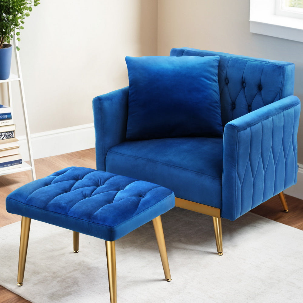 Artiss Armchair Ottoman Accent Chair Pillow Velvet Blue Artiss