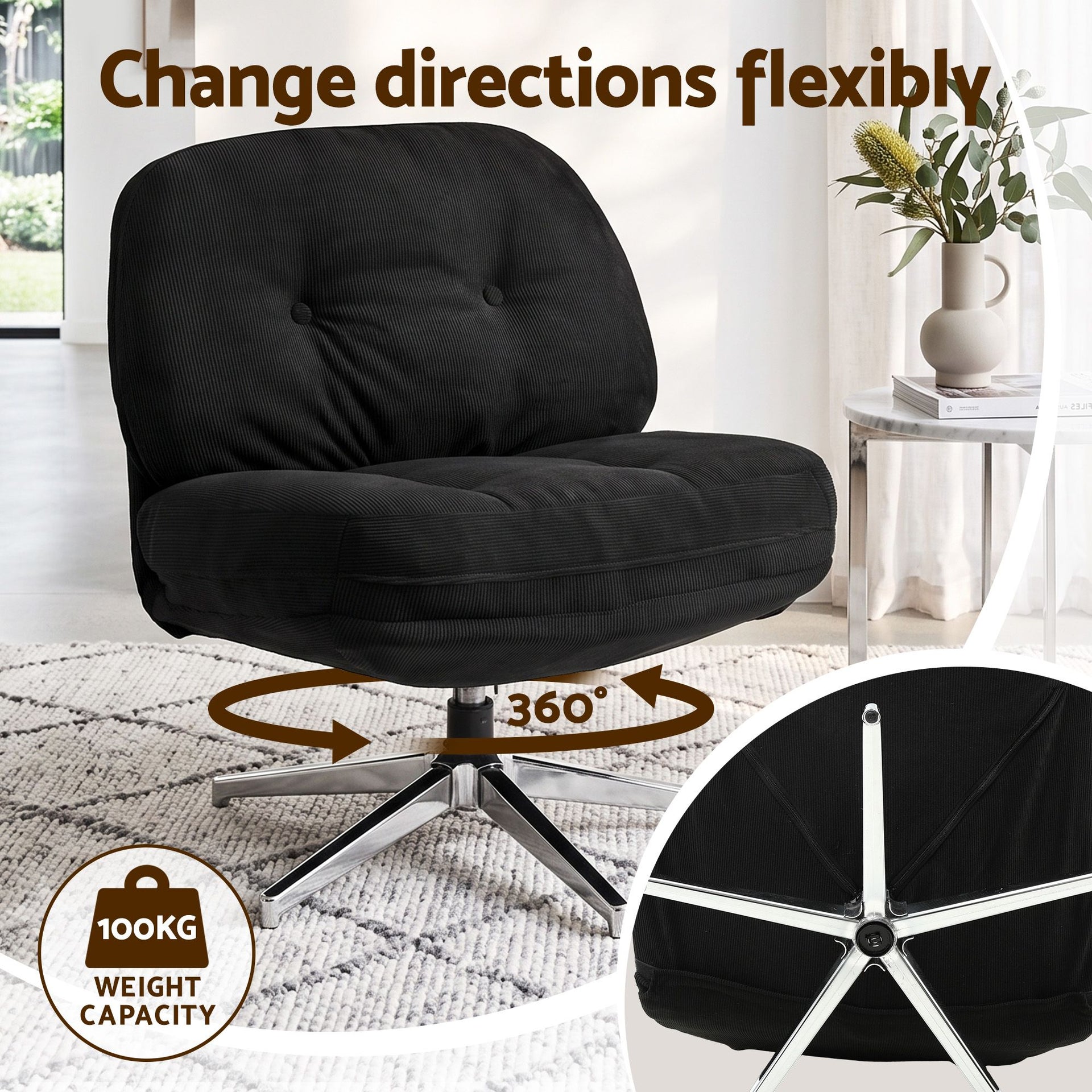 Artiss Swivel Chair Nursing Armchair Lounge Corduroy Steel Star Base Black Artiss