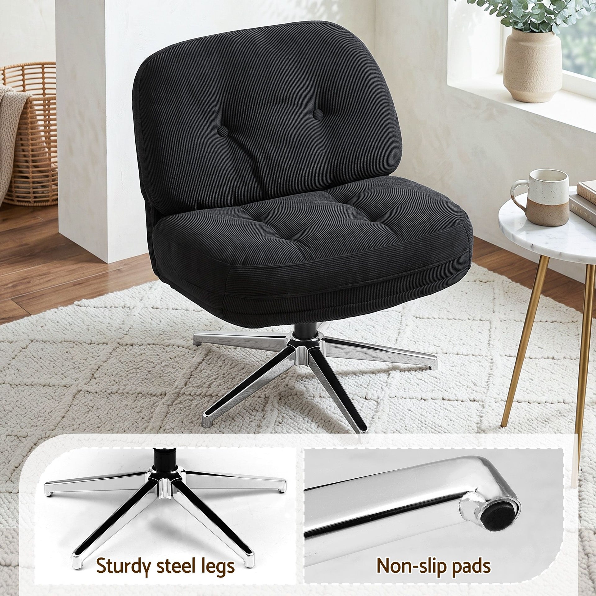 Artiss Swivel Chair Nursing Armchair Lounge Corduroy Steel Star Base Black Artiss