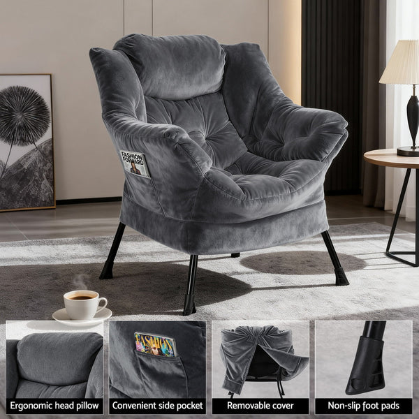 Artiss Armchair Accent Chair Ottoman Lounge Footrest Velvet Grey Artiss