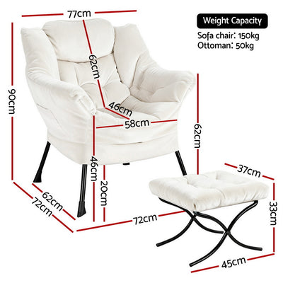 Artiss Armchair Accent Chair Ottoman Lounge Footrest Velvet White