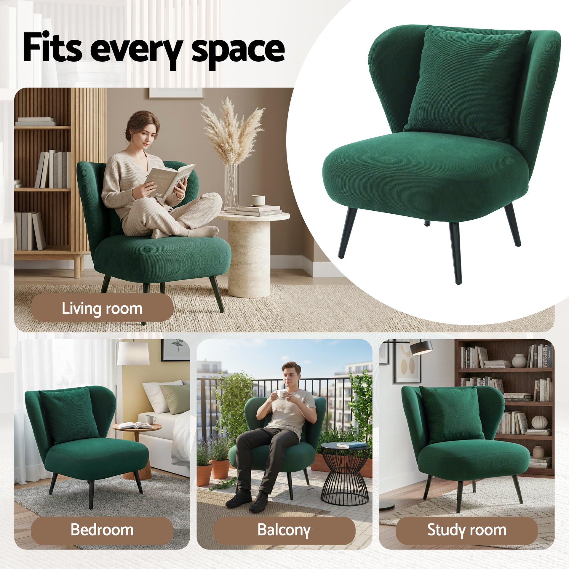 Artiss Armchair Accent Chair Lounge Tub Sofa Couch Corduroy Velvet Green Awezingly