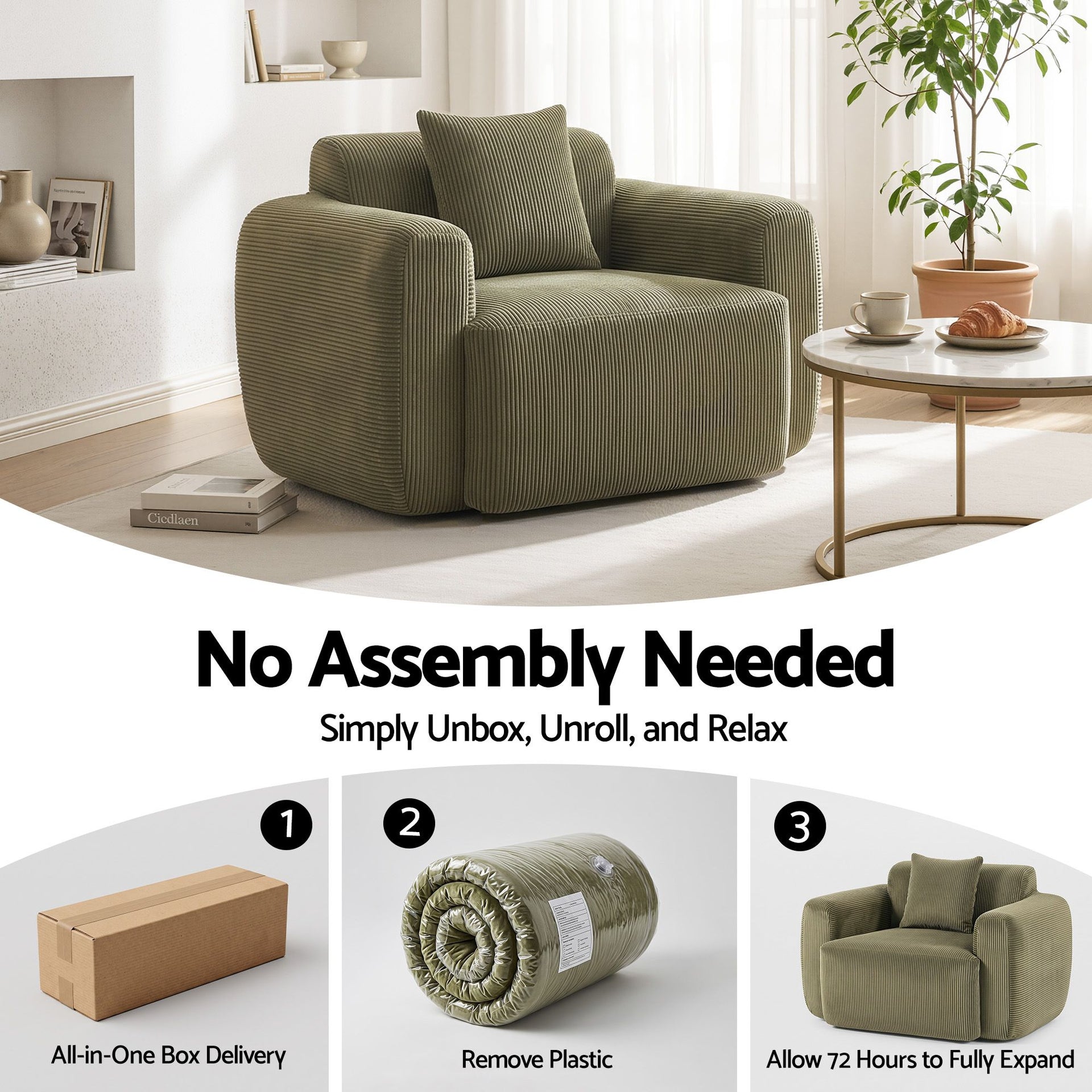 Artiss Compressed Armchair Sofa with Cushion Corduroy No Assembly Green Awezingly