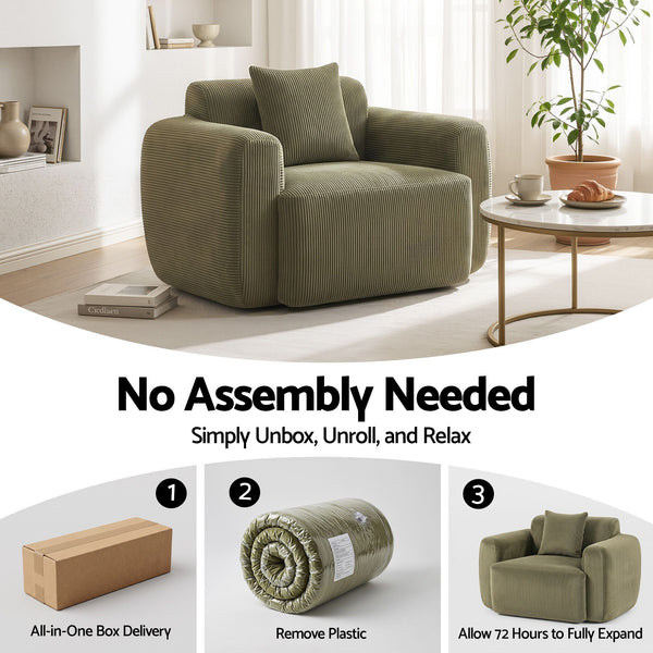 Artiss Compressed Armchair Sofa with Cushion Corduroy No Assembly Green Awezingly