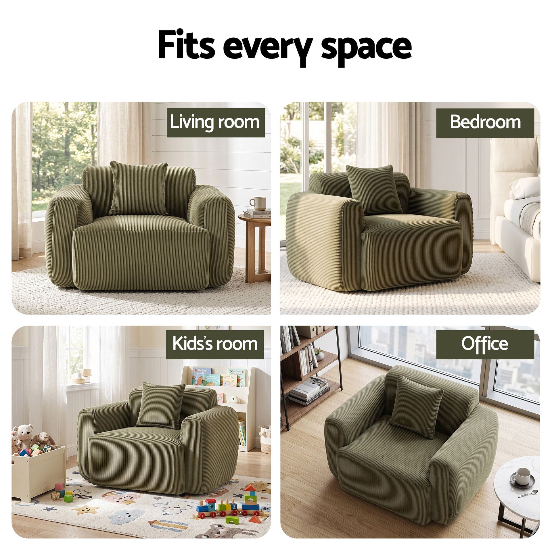 Artiss Compressed Armchair Sofa with Cushion Corduroy No Assembly Green Awezingly