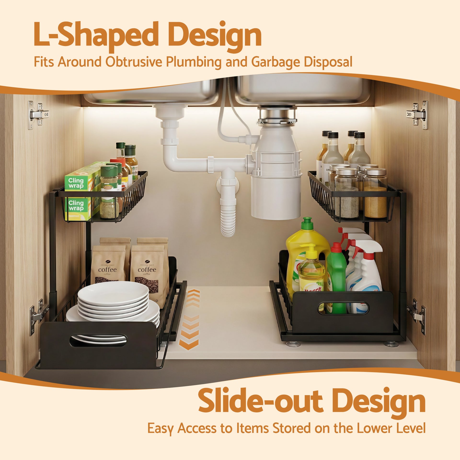 Artiss Under Sink Organizer Storage L Shape 1 Pull Out Drawers Kitchen Cabinet Shelf Awezingly