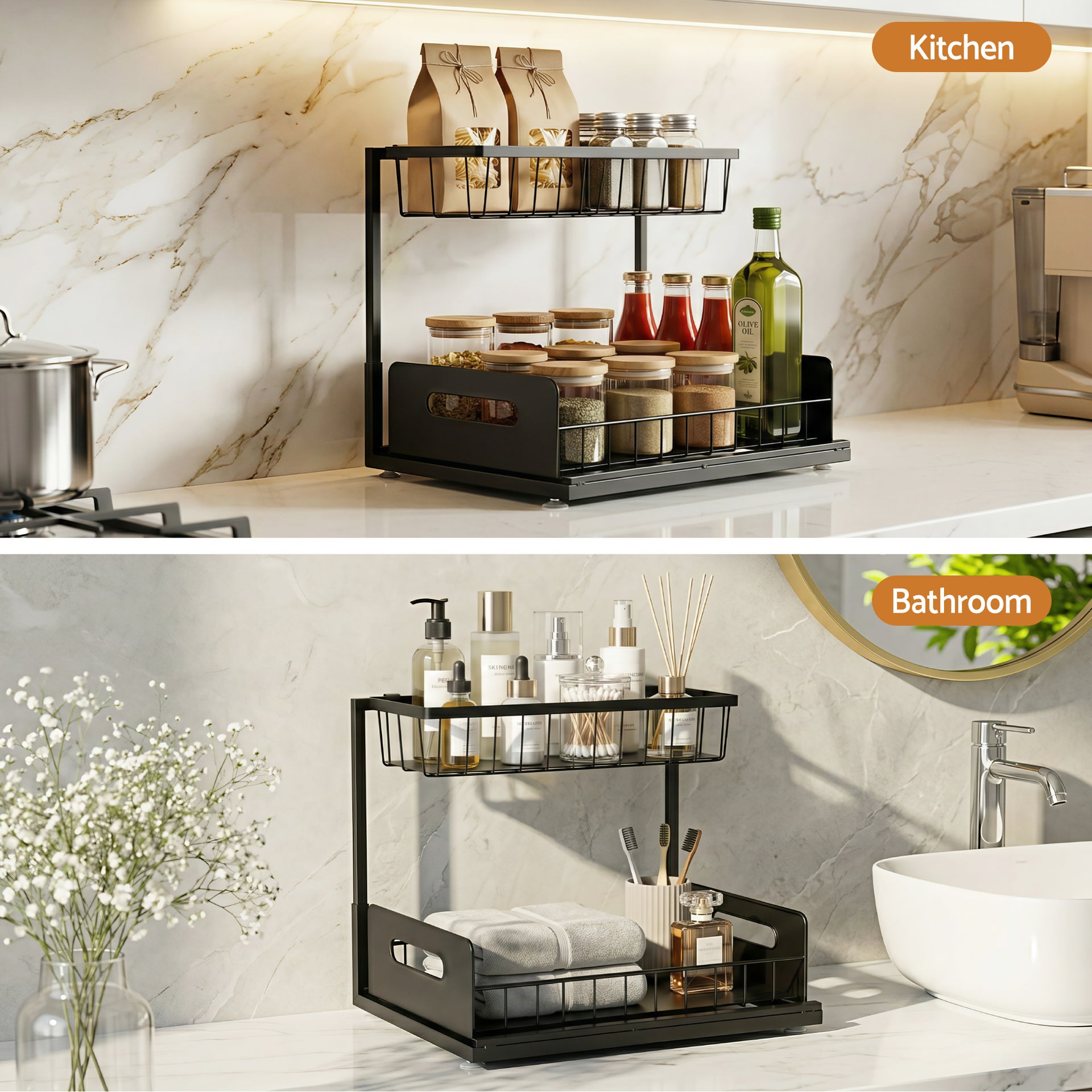 Artiss Under Sink Organizer Storage L Shape 1 Pull Out Drawers Kitchen Cabinet Shelf Awezingly