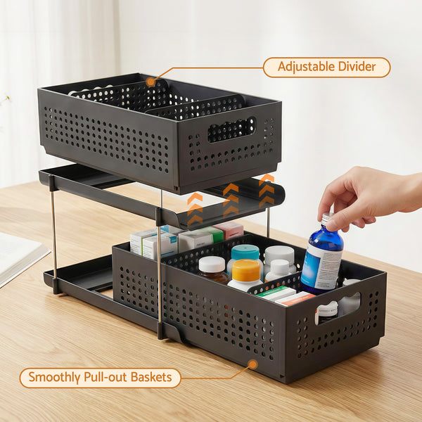 Artiss Under Sink Organizer 2 Tier Pull Out Drawer with Removable Baskets & Divider Awezingly