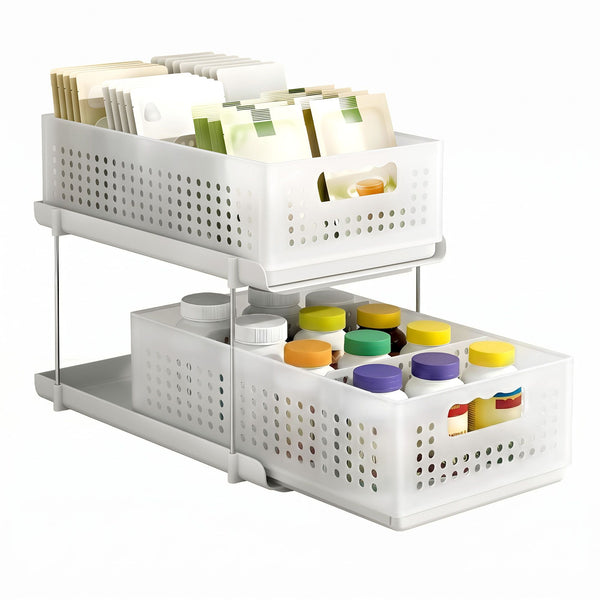 Artiss Under Sink Organizer 2 Tier Pull Out Drawer with Removable Baskets & Divider White Artiss