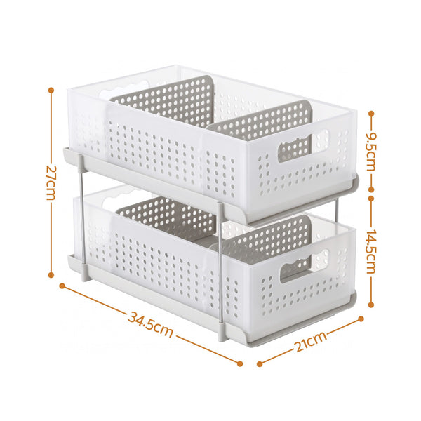 Artiss Under Sink Organizer 2 Tier Pull Out Drawer with Removable Baskets & Divider White Artiss