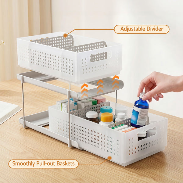 Artiss Under Sink Organizer 2 Tier Pull Out Drawer with Removable Baskets & Divider White Artiss