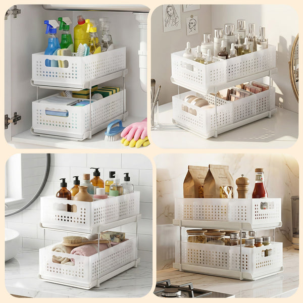 Artiss Under Sink Organizer 2 Tier Pull Out Drawer with Removable Baskets & Divider White Artiss