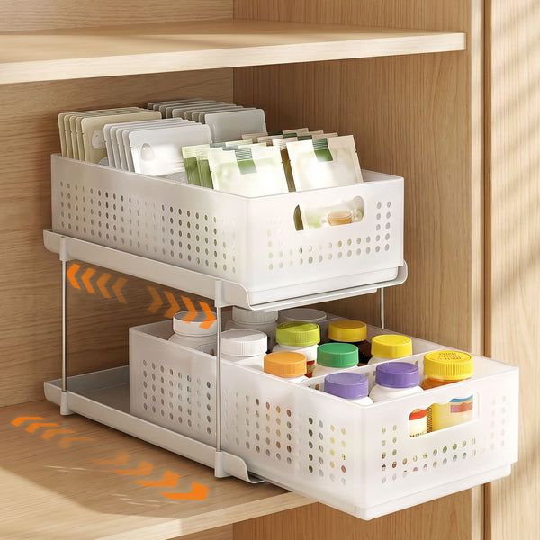 Artiss Under Sink Organizer 2 Tier Pull Out Drawer with Removable Baskets & Divider White Artiss
