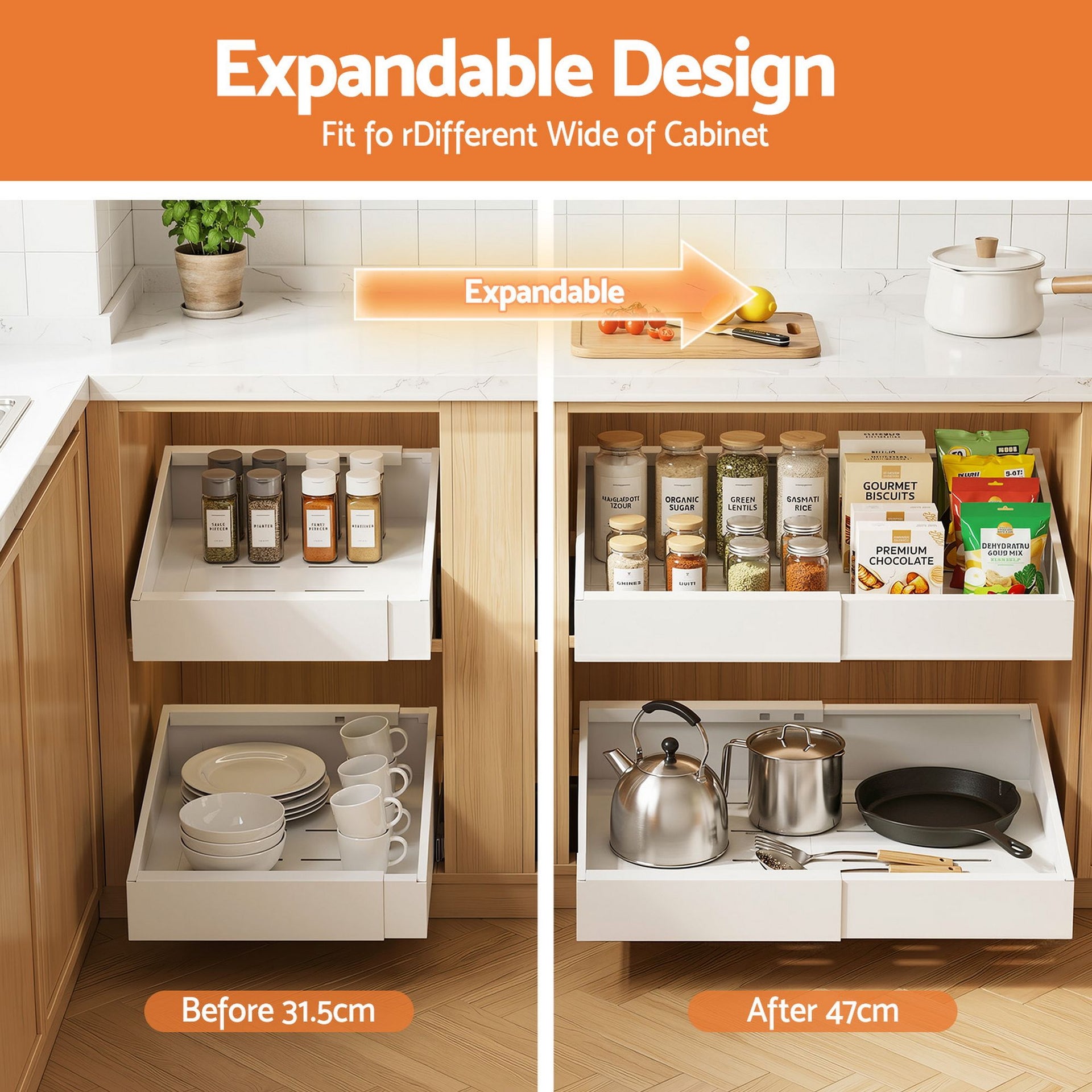 Artiss 2 Pack Pull Out Drawers for Cabinets Expandable Cabinet Organizer White Awezingly