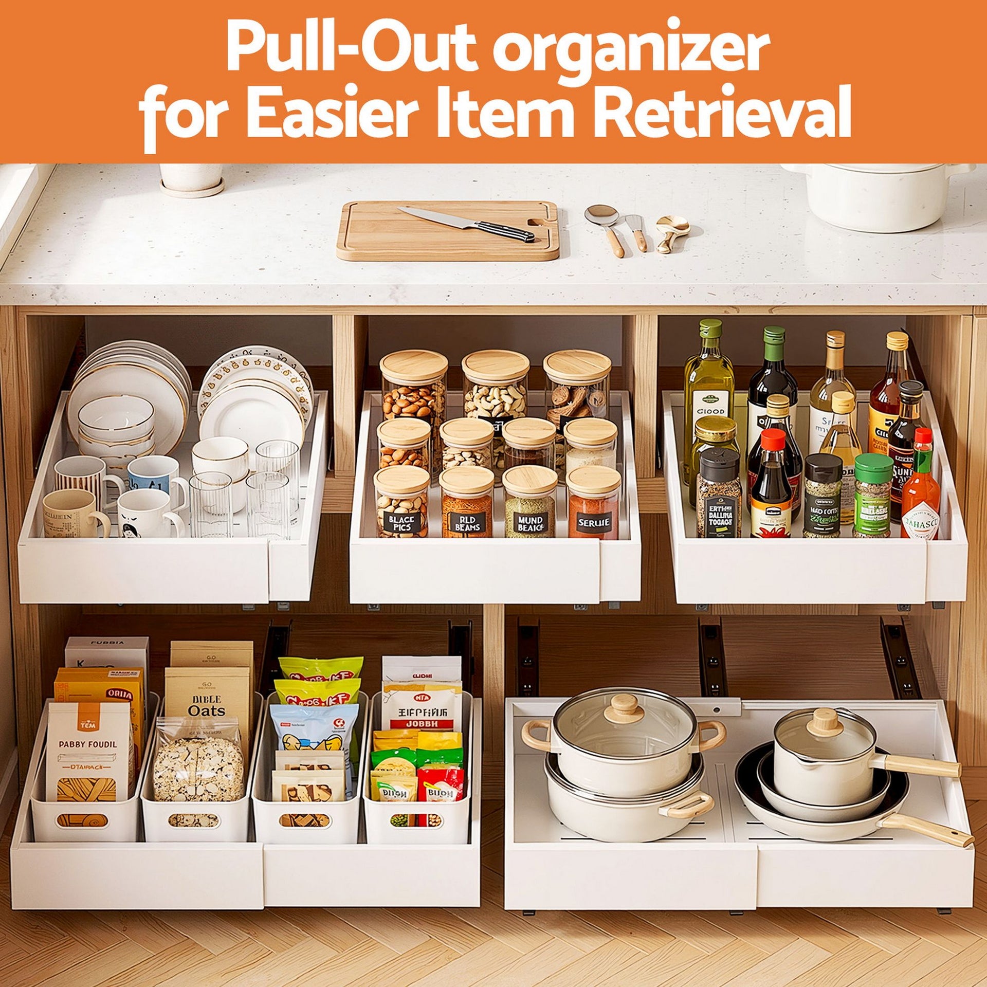 Artiss 2 Pack Pull Out Drawers for Cabinets Expandable Cabinet Organizer White Awezingly