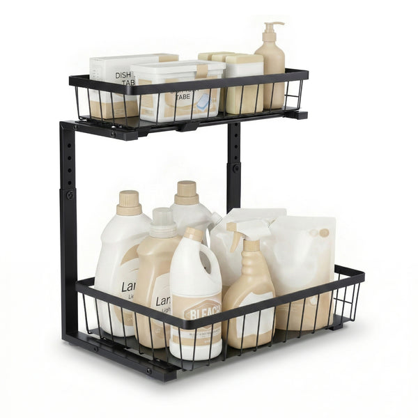 Artiss Under Sink Organizer Storage with 2 Slide Out Drawers 5 Adjustable Height Bathroom Kitchen Cabinet Black Awezingly