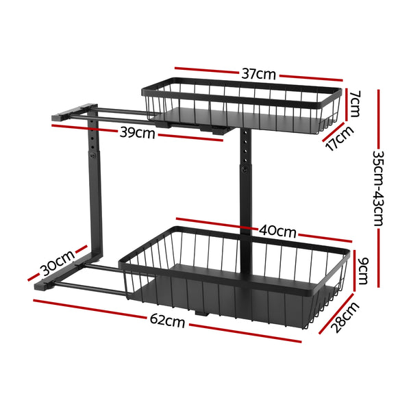 Artiss Under Sink Organizer Storage with 2 Slide Out Drawers 5 Adjustable Height Bathroom Kitchen Cabinet Black Awezingly