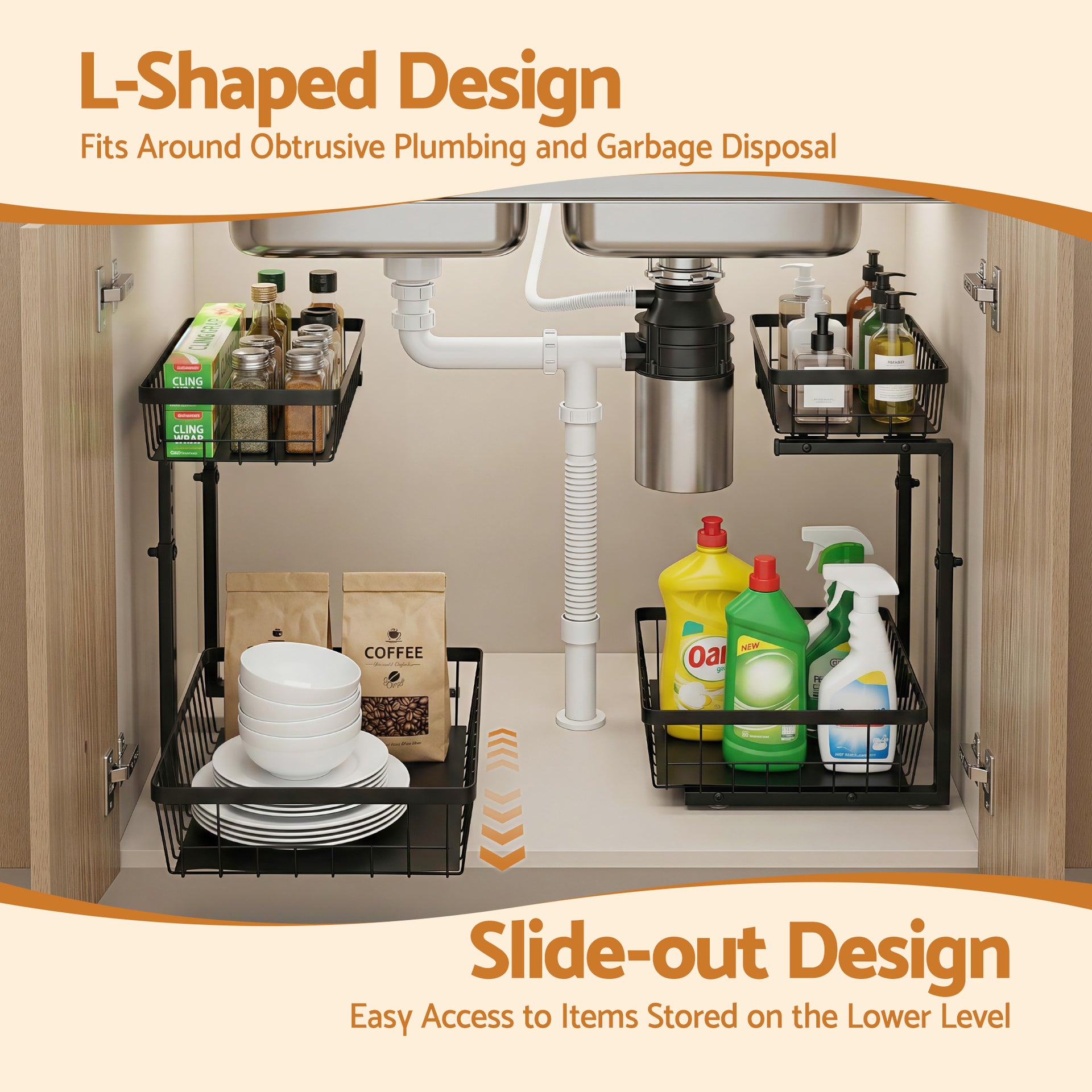 Artiss Under Sink Organizer Storage with 2 Slide Out Drawers 5 Adjustable Height Bathroom Kitchen Cabinet Black Awezingly