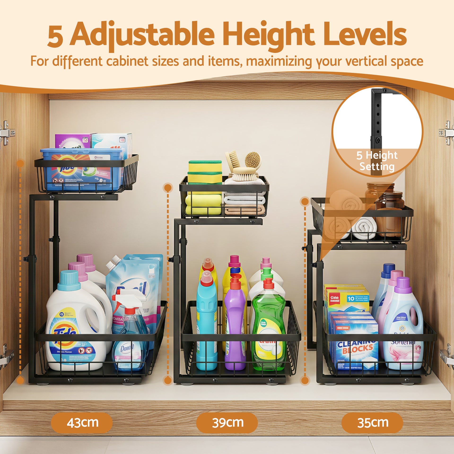 Artiss Under Sink Organizer Storage with 2 Slide Out Drawers 5 Adjustable Height Bathroom Kitchen Cabinet Black Awezingly