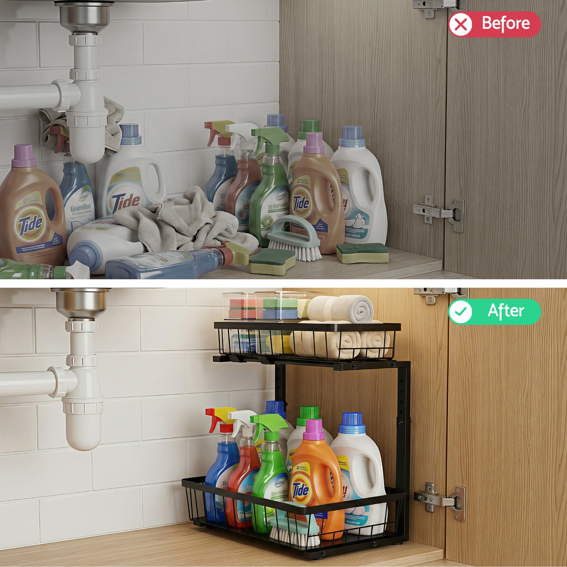 Artiss Under Sink Organizer Storage with 2 Slide Out Drawers 5 Adjustable Height Bathroom Kitchen Cabinet Black Awezingly