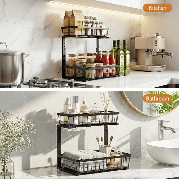 Artiss Under Sink Organizer Storage with 2 Slide Out Drawers 5 Adjustable Height Bathroom Kitchen Cabinet Black Awezingly