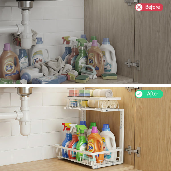 Artiss Under Sink Organizer Storage with 2 Slide Out Drawers 5 Adjustable Height Bathroom Kitchen Cabinet Awezingly