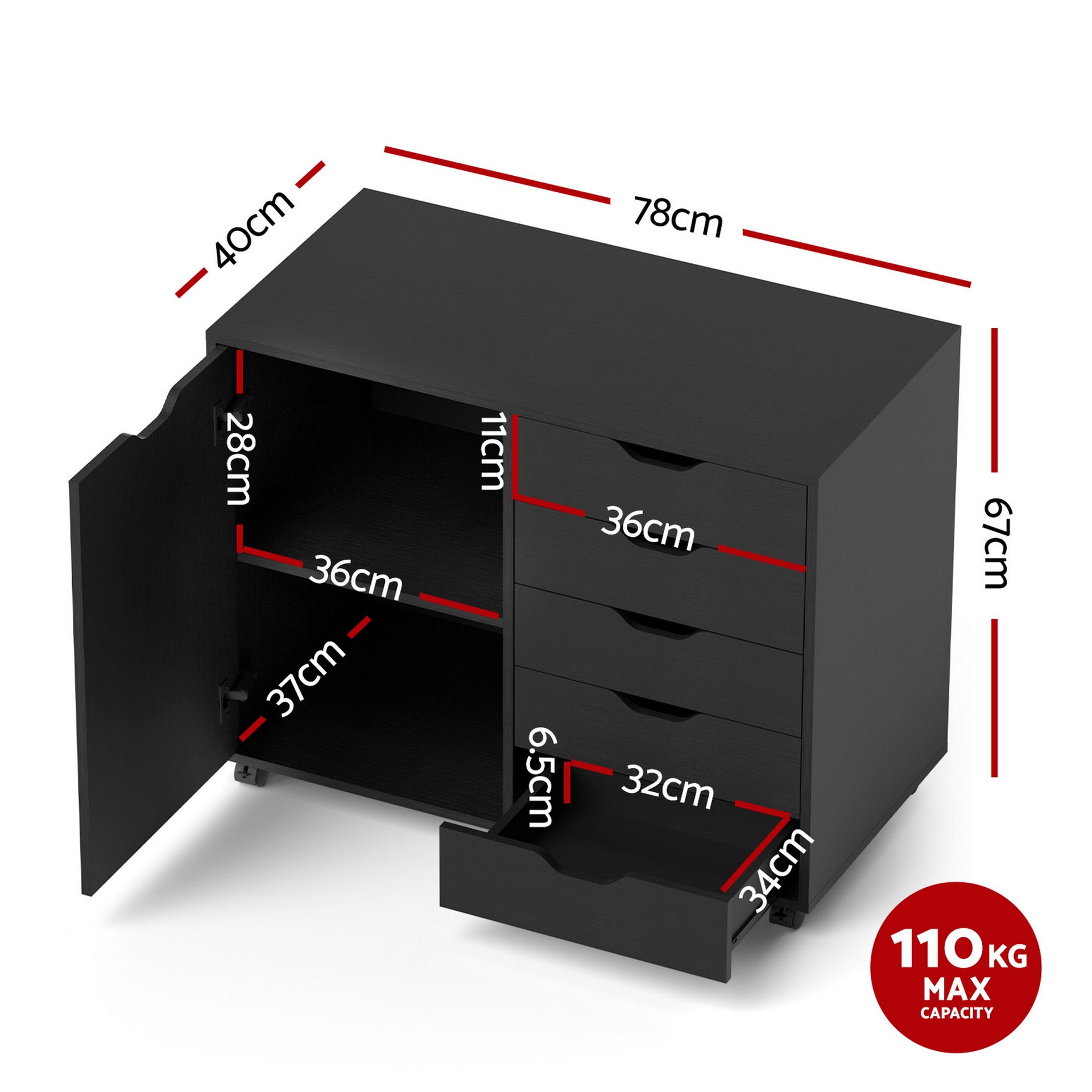 Artiss Mobile Filing Cabinet 5 Drawer with Door Modern Storage Cabinet Printer Stand Awezingly