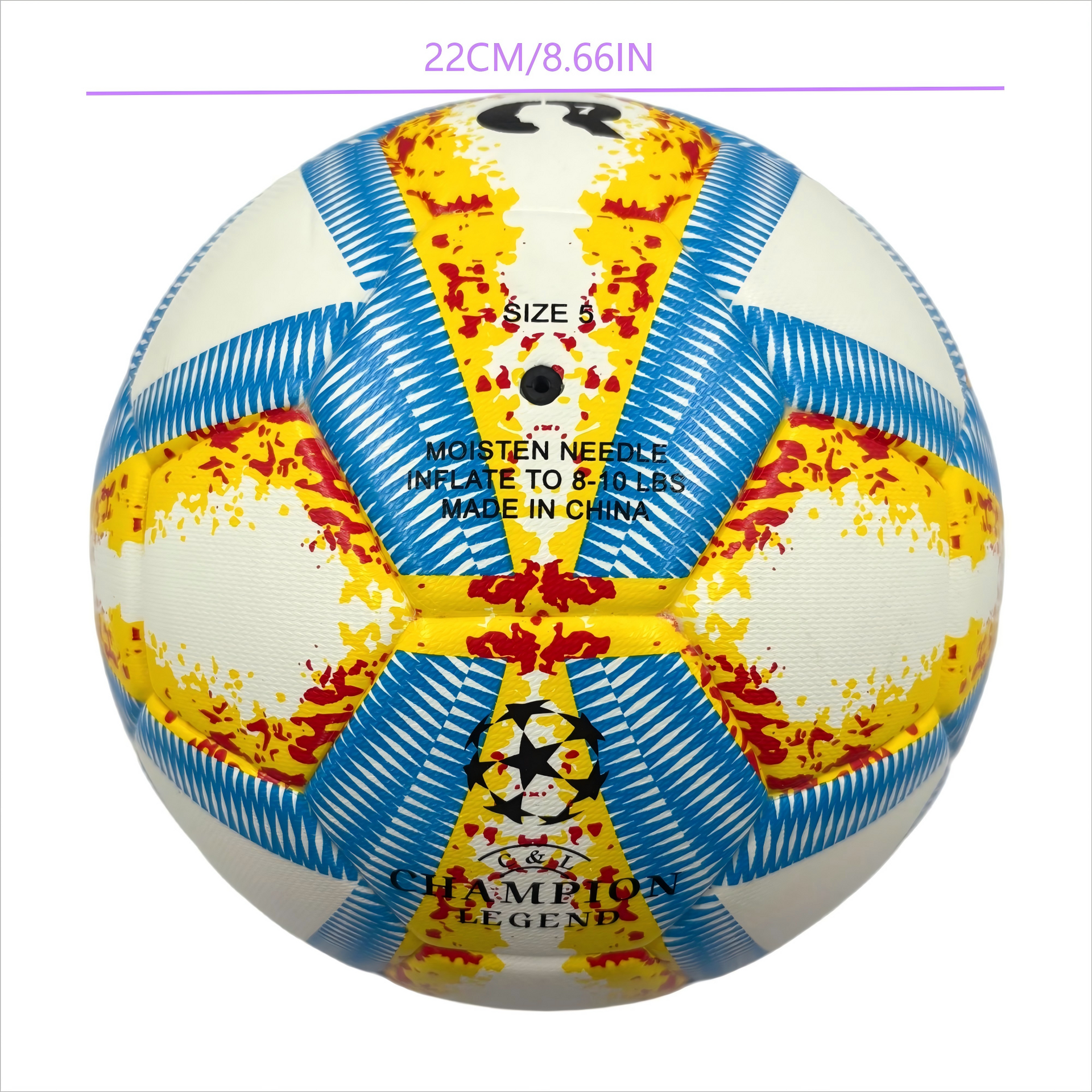 A yellow, blue and red football with color matching size5, PU fitting material, Christmas Boxing Day gift, including pump+air needle+net bag set,soccer Awezingly