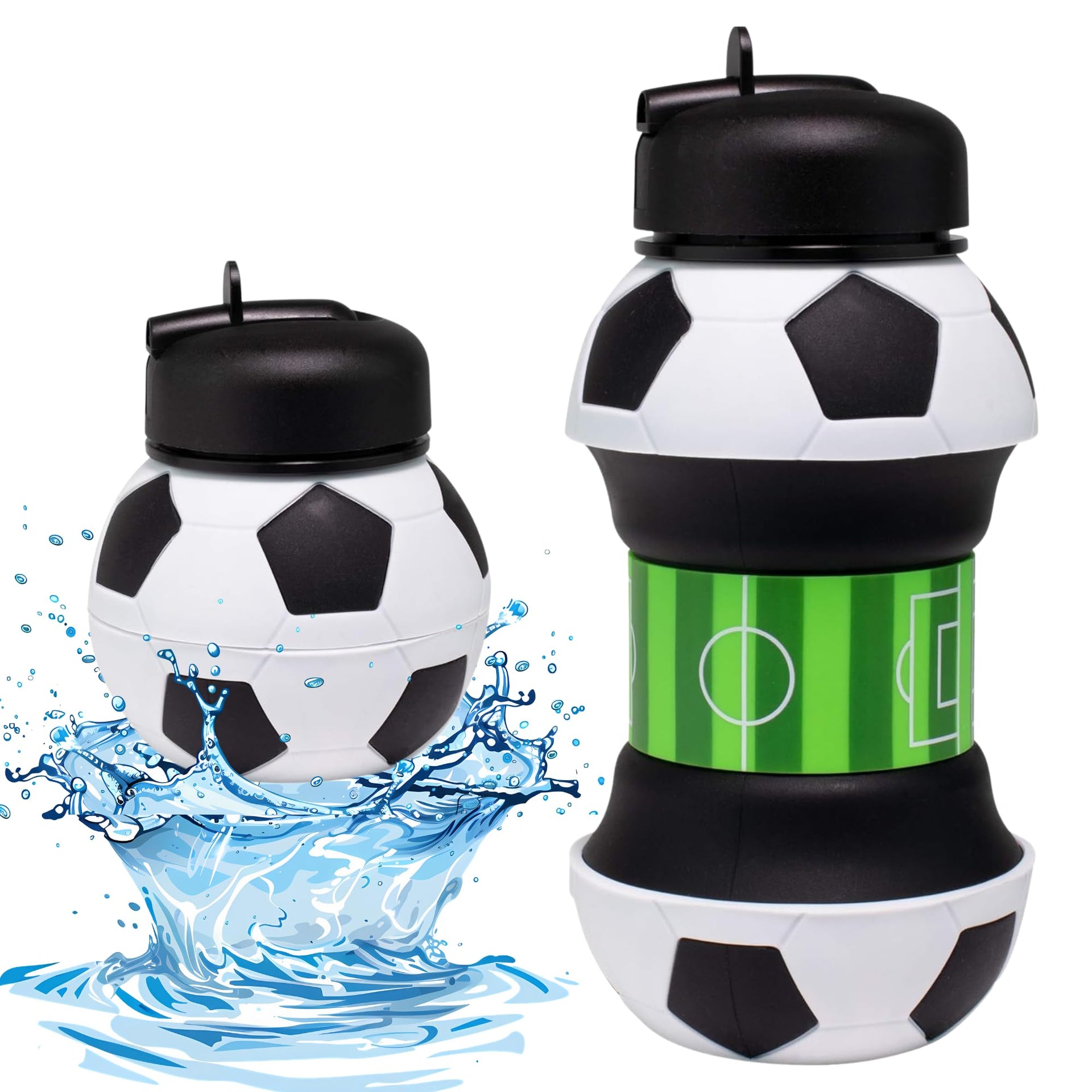 Foldable Soccer Water Bottle for Kids – 18oz Expandable Silicone Hydration Flask with Leak-Proof Spout & Carabiner Clip, BPA-Free, Ideal for School, Sports, Travel & Outdoor Adventures (Black, White, Green) Unique