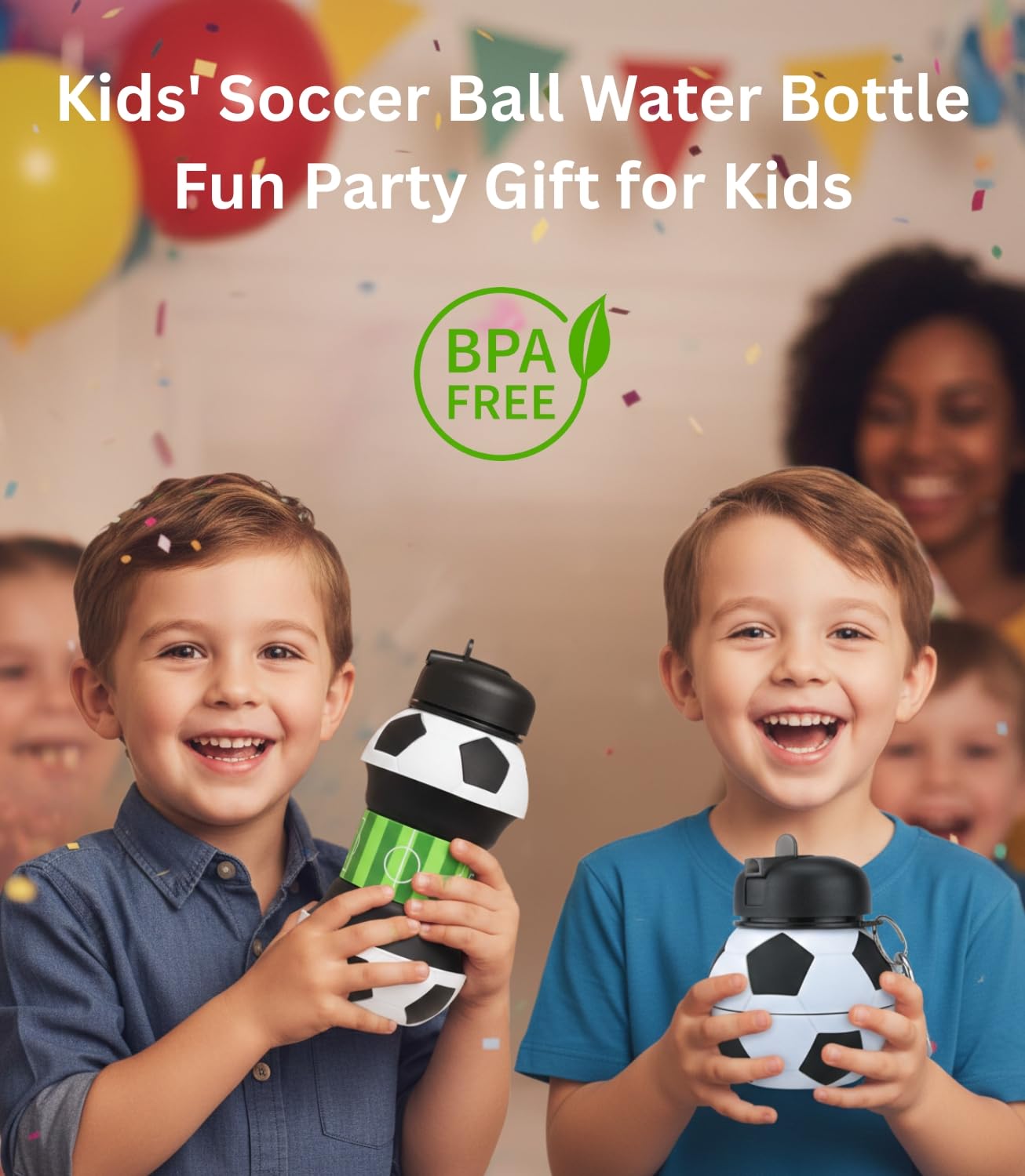 Foldable Soccer Water Bottle for Kids – 18oz Expandable Silicone Hydration Flask with Leak-Proof Spout & Carabiner Clip, BPA-Free, Ideal for School, Sports, Travel & Outdoor Adventures (Black, White, Green) Unique