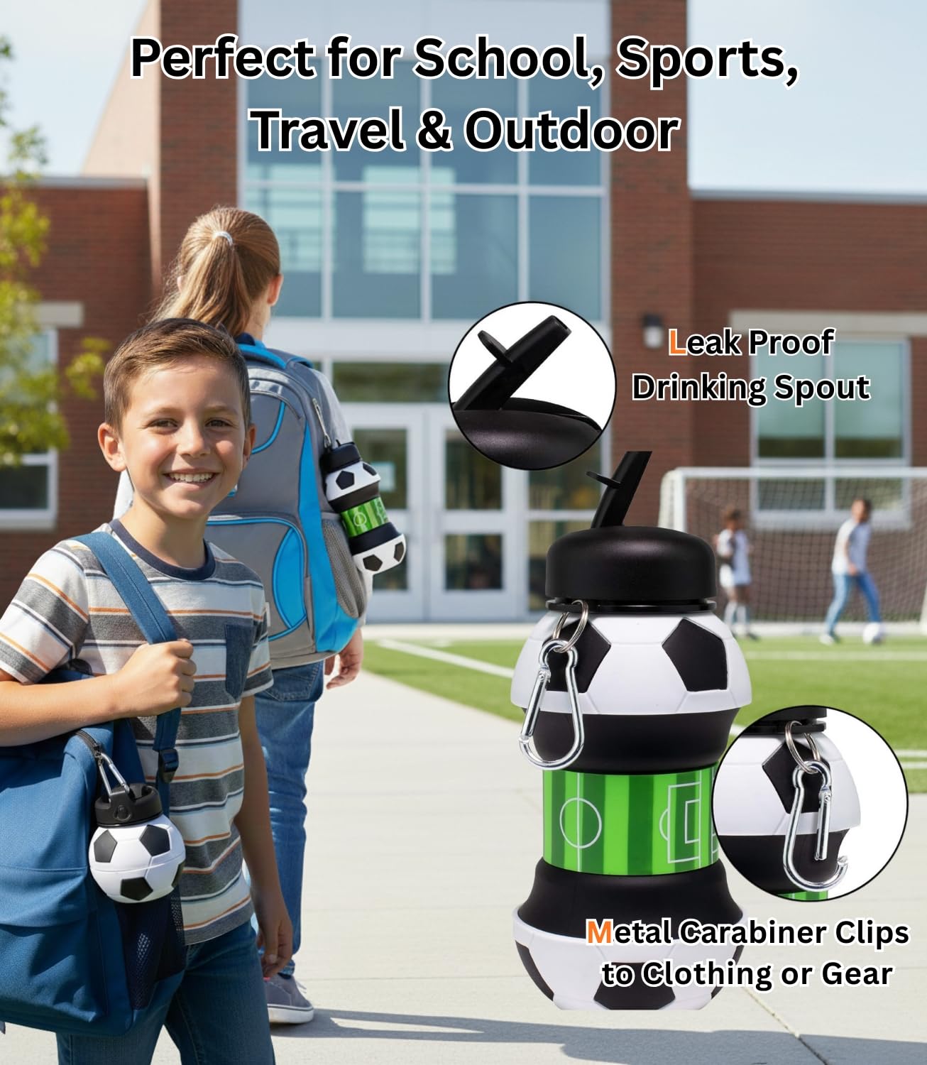 Foldable Soccer Water Bottle for Kids – 18oz Expandable Silicone Hydration Flask with Leak-Proof Spout & Carabiner Clip, BPA-Free, Ideal for School, Sports, Travel & Outdoor Adventures (Black, White, Green) Unique