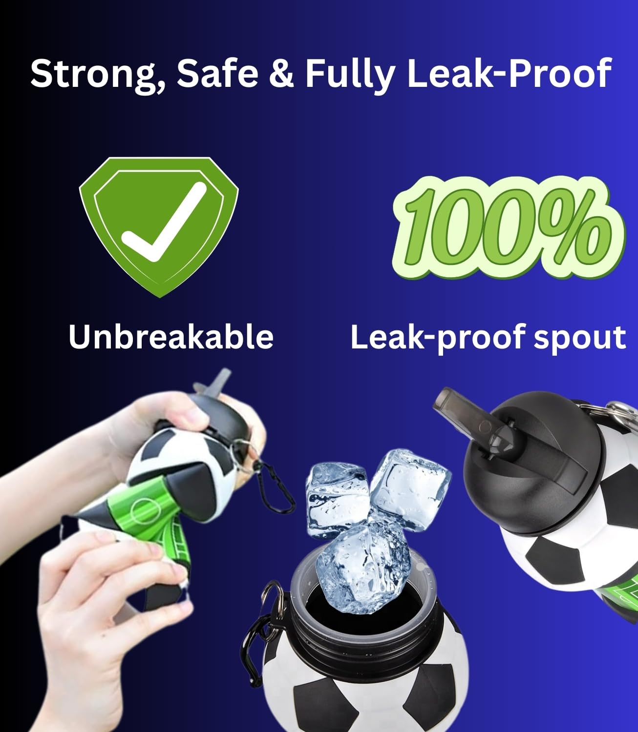 Foldable Soccer Water Bottle for Kids – 18oz Expandable Silicone Hydration Flask with Leak-Proof Spout & Carabiner Clip, BPA-Free, Ideal for School, Sports, Travel & Outdoor Adventures (Black, White, Green) Unique