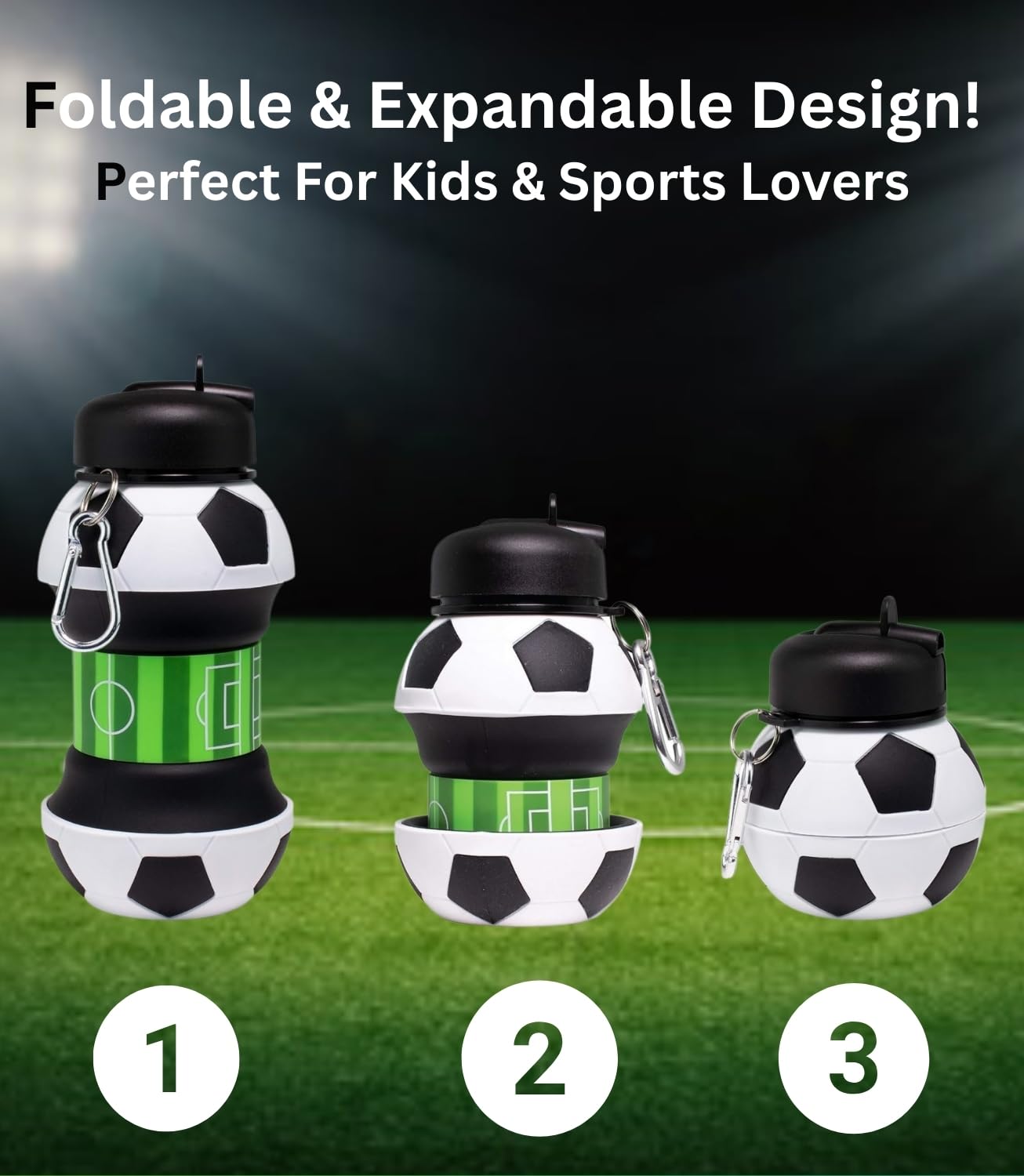 Foldable Soccer Water Bottle for Kids – 18oz Expandable Silicone Hydration Flask with Leak-Proof Spout & Carabiner Clip, BPA-Free, Ideal for School, Sports, Travel & Outdoor Adventures (Black, White, Green) Unique