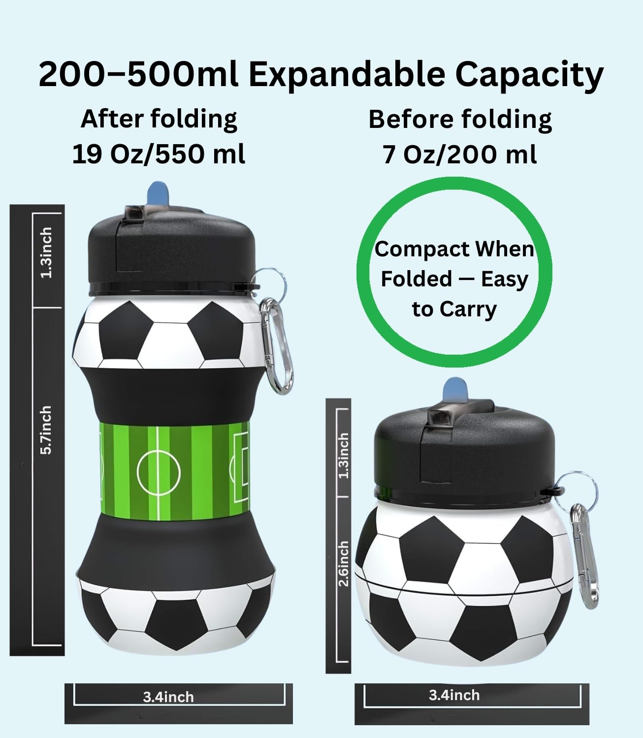 Foldable Soccer Water Bottle for Kids – 18oz Expandable Silicone Hydration Flask with Leak-Proof Spout & Carabiner Clip, BPA-Free, Ideal for School, Sports, Travel & Outdoor Adventures (Black, White, Green) Unique