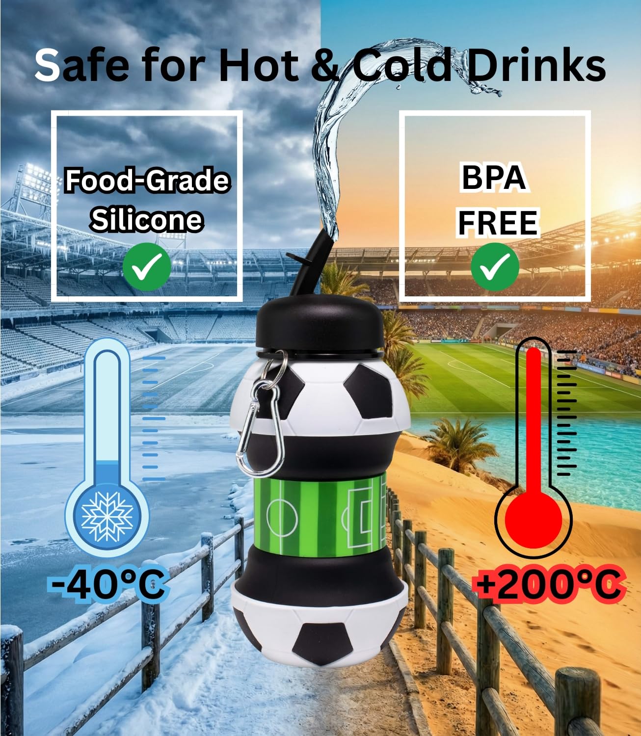 Foldable Soccer Water Bottle for Kids – 18oz Expandable Silicone Hydration Flask with Leak-Proof Spout & Carabiner Clip, BPA-Free, Ideal for School, Sports, Travel & Outdoor Adventures (Black, White, Green) Unique