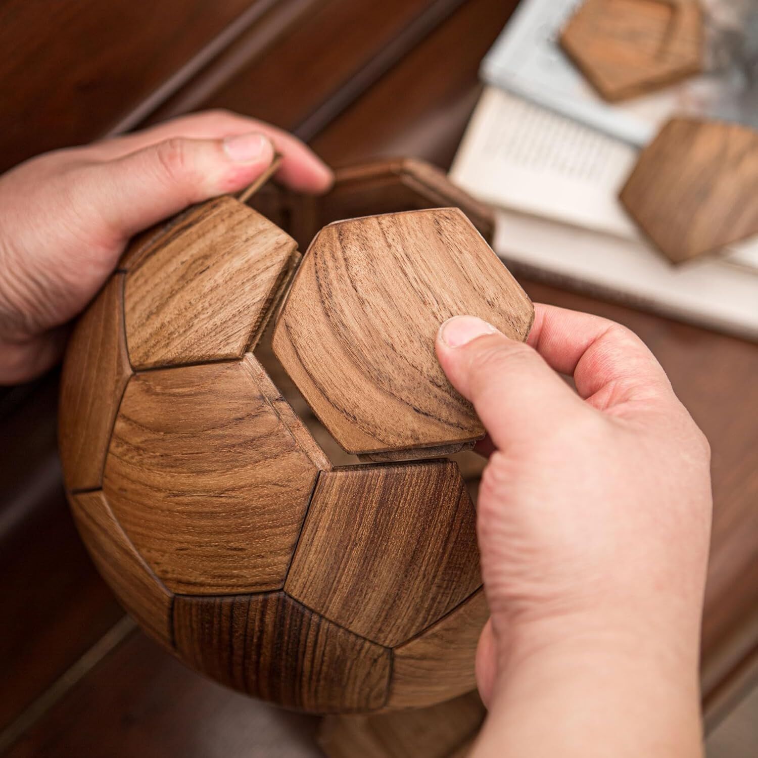 Handcrafted Wooden Football Puzzle – 3D Mortise and Tenon Soccer Ball Assembly Kit | Solid Teak, Beech Wood | DIY Gift for Adults, Kids & Football Fans Unique
