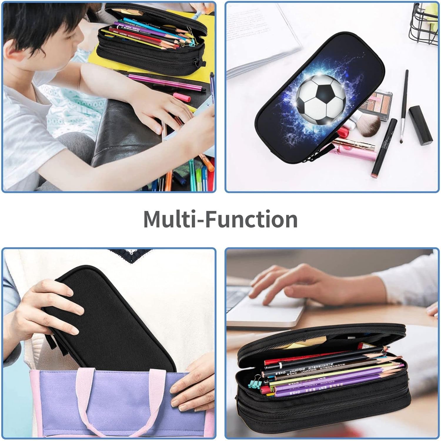Blue sports pencil case with soccer motif, spacious and durable pencil case with zippers, soccer pencil case Soccer Blue Soccer Blue Unique