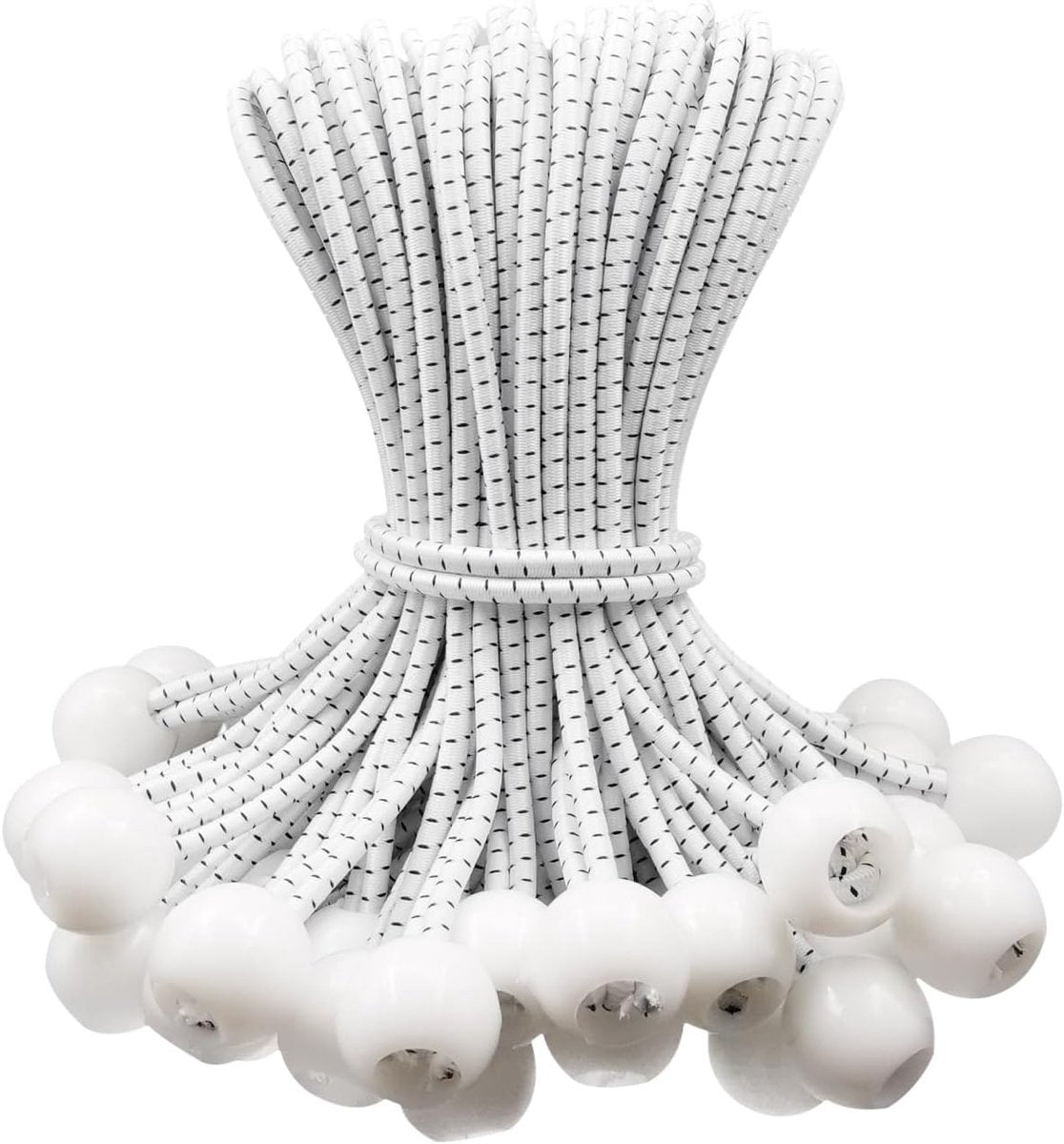 50 pieces - 6 inch - Elastic rope - Elastic cord - Tensioning elastic - tension cord - ball bungee cords - with balls - reusable - for golf nets, soccer goals, camping, tent poles, hose - white rope black spot - 150*22 mm Unique