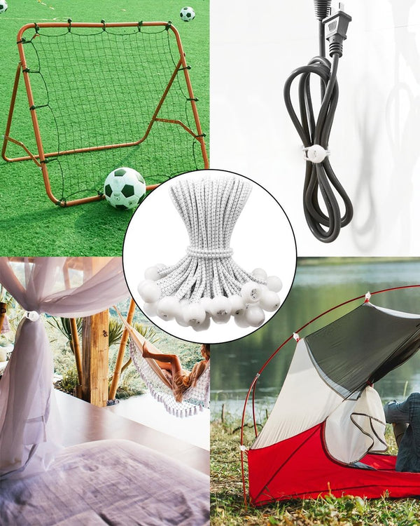 50 pieces - 6 inch - Elastic rope - Elastic cord - Tensioning elastic - tension cord - ball bungee cords - with balls - reusable - for golf nets, soccer goals, camping, tent poles, hose - white rope black spot - 150*22 mm Unique