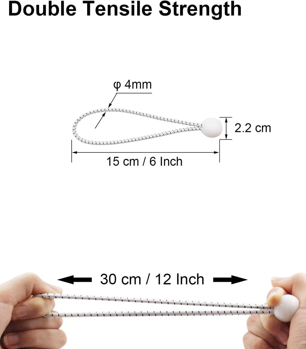 50 pieces - 6 inch - Elastic rope - Elastic cord - Tensioning elastic - tension cord - ball bungee cords - with balls - reusable - for golf nets, soccer goals, camping, tent poles, hose - white rope black spot - 150*22 mm Unique