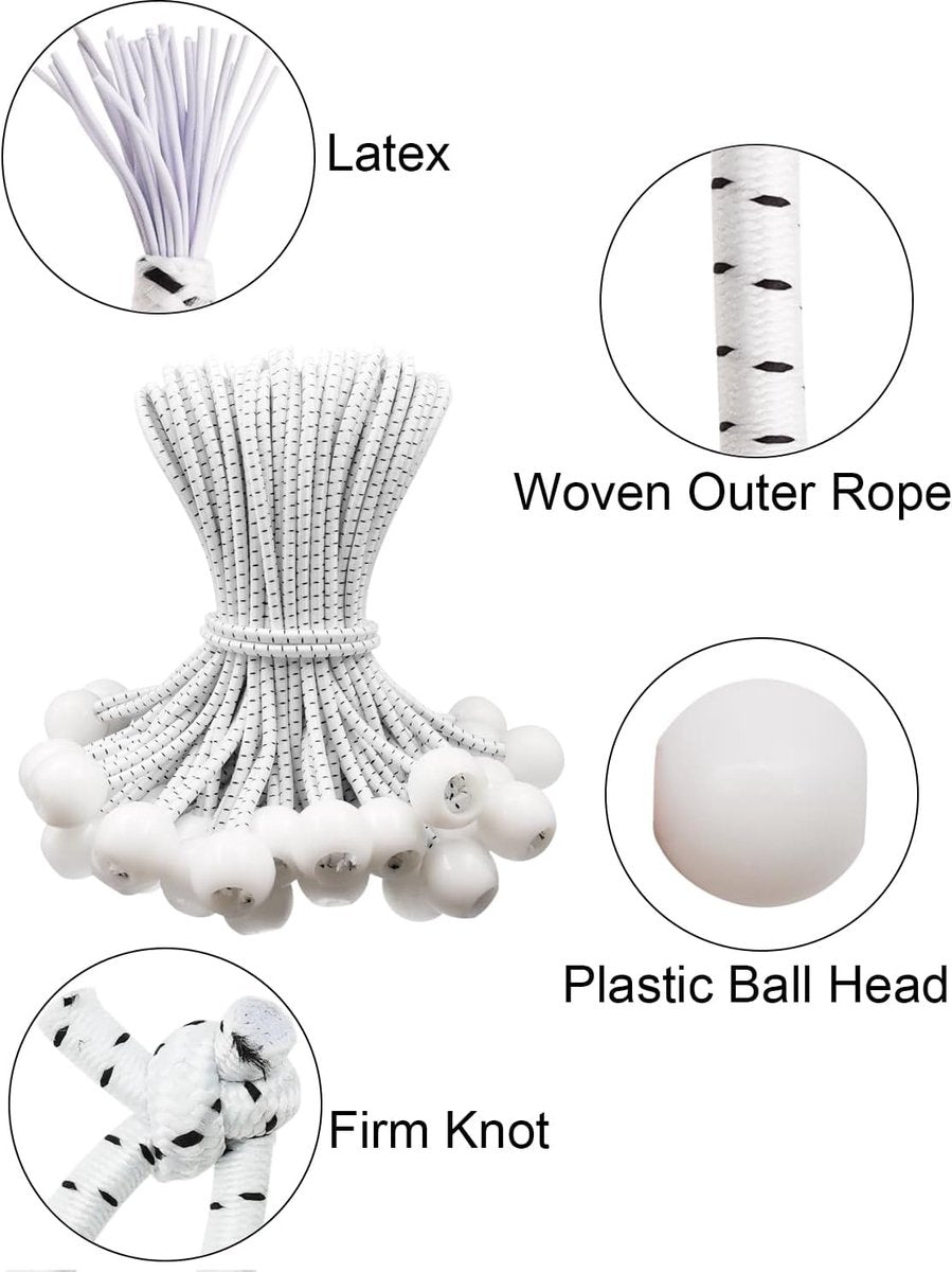 50 pieces - 6 inch - Elastic rope - Elastic cord - Tensioning elastic - tension cord - ball bungee cords - with balls - reusable - for golf nets, soccer goals, camping, tent poles, hose - white rope black spot - 150*22 mm Unique