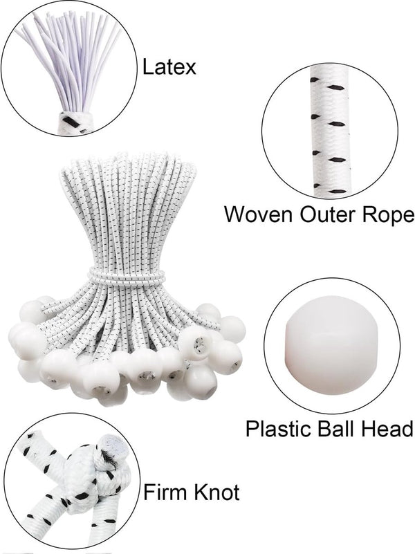 50 pieces - 6 inch - Elastic rope - Elastic cord - Tensioning elastic - tension cord - ball bungee cords - with balls - reusable - for golf nets, soccer goals, camping, tent poles, hose - white rope black spot - 150*22 mm Unique