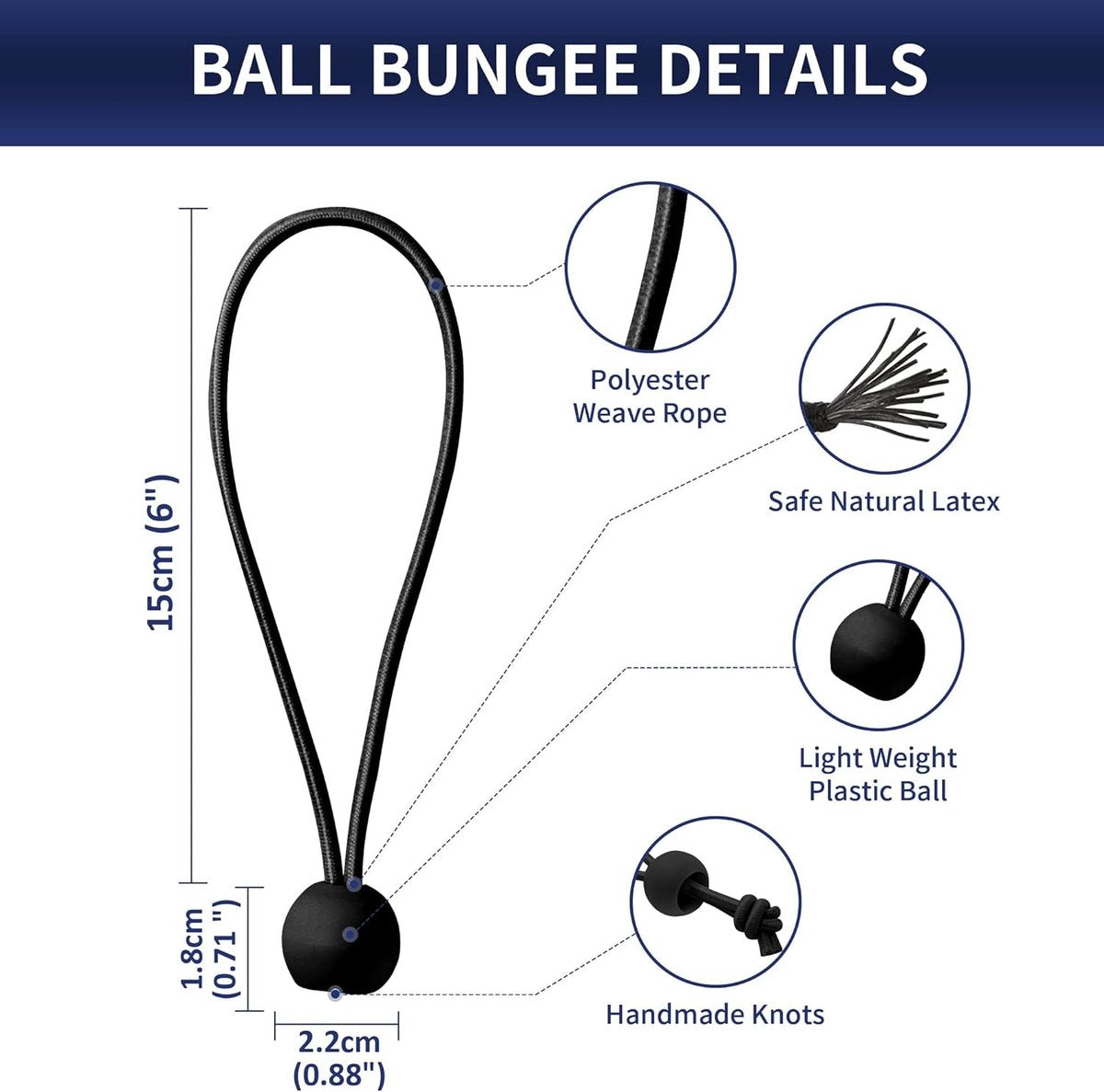 50 pieces - 6 inch - Elastic rope - Elastic cord - Tensioning elastic - tension cord - ball bungee cords - with balls - reusable - for golf nets, soccer goals, camping, tent poles, tubing - black - 150*22 mm Awezingly