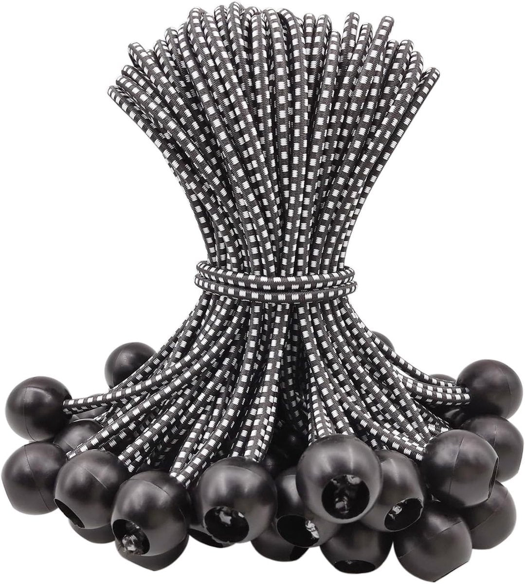 50 pieces - 6 inch - Elastic rope - Elastic cord - Tensioning elastic - tension cord - ball bungee cords - with balls - reusable - for golf nets, soccer goals, camping, tent poles, hose - black rope white spot - 150*22 mm Unique