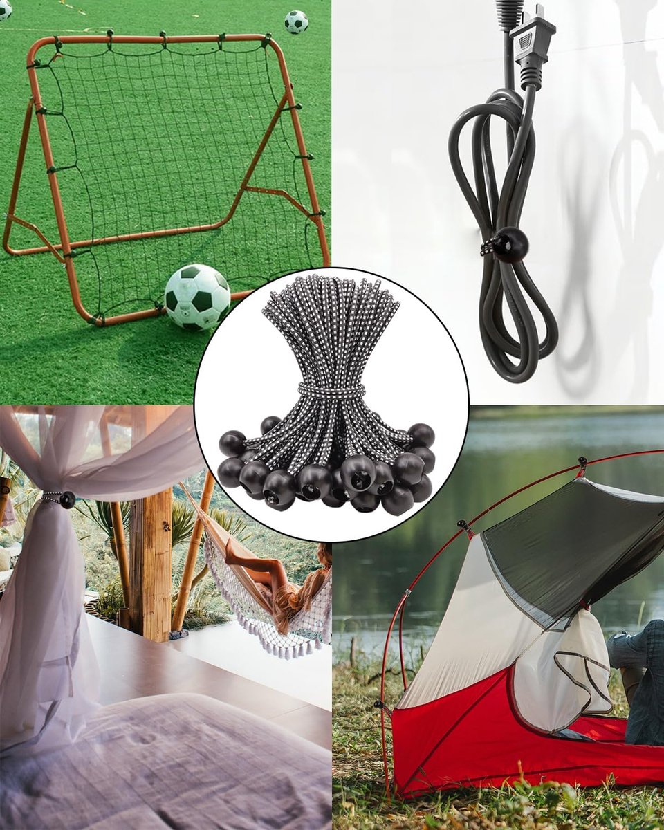 50 pieces - 6 inch - Elastic rope - Elastic cord - Tensioning elastic - tension cord - ball bungee cords - with balls - reusable - for golf nets, soccer goals, camping, tent poles, hose - black rope white spot - 150*22 mm Unique