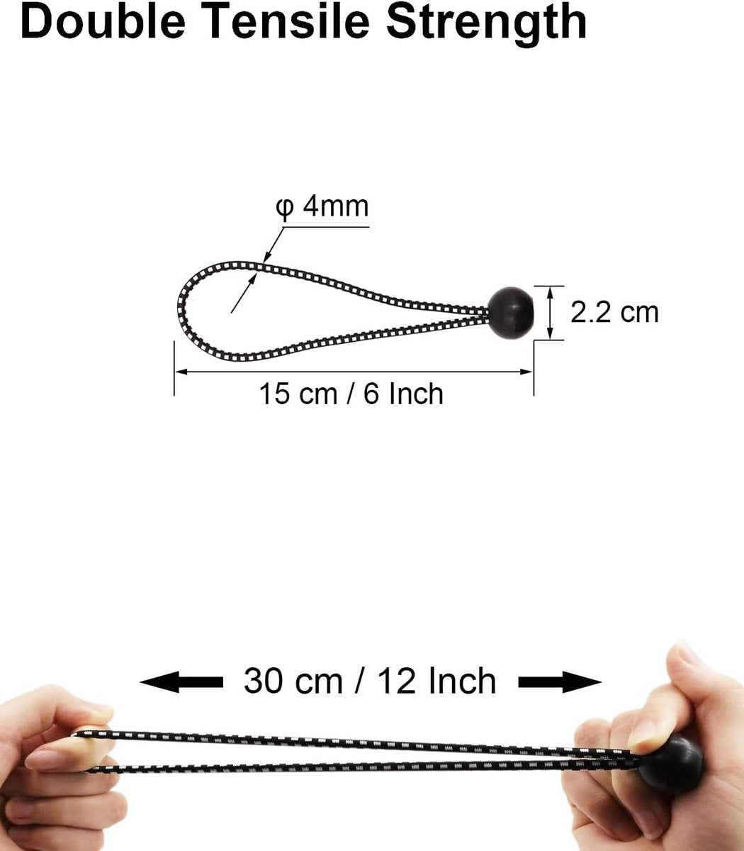 50 pieces - 6 inch - Elastic rope - Elastic cord - Tensioning elastic - tension cord - ball bungee cords - with balls - reusable - for golf nets, soccer goals, camping, tent poles, hose - black rope white spot - 150*22 mm Unique
