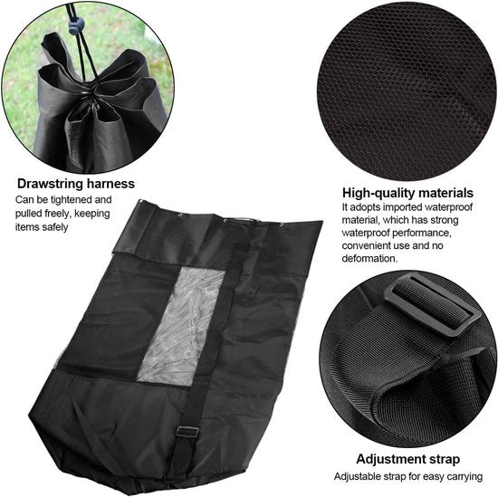 Soccer Net Bag for 10-15 Balls - Large Waterproof, Sturdy Tennis Shoulder Pad, Football-Basketball-Volleyball Bag, Drawstring Handbag - Black Awezingly