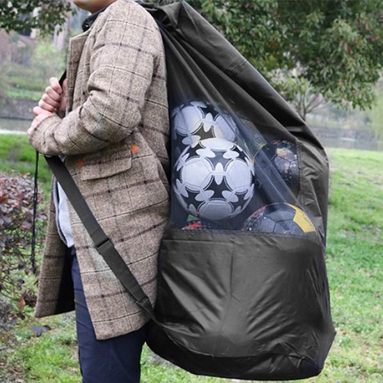 Soccer Net Bag for 10-15 Balls - Large Waterproof, Sturdy Tennis Shoulder Pad, Football-Basketball-Volleyball Bag, Drawstring Handbag - Black Awezingly