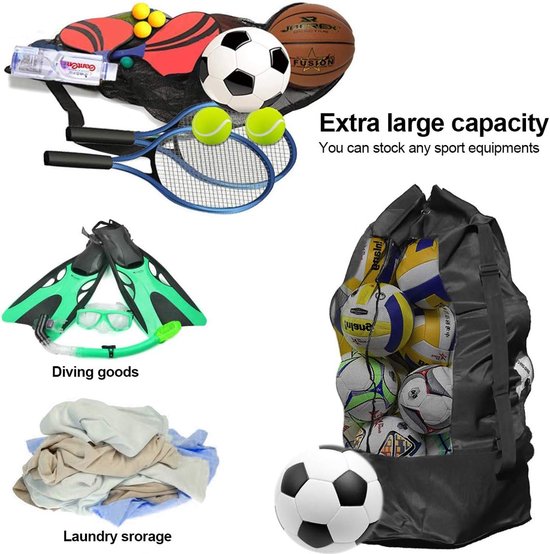 Soccer Net Bag for 10-15 Balls - Large Waterproof, Sturdy Tennis Shoulder Pad, Football-Basketball-Volleyball Bag, Drawstring Handbag - Black Awezingly
