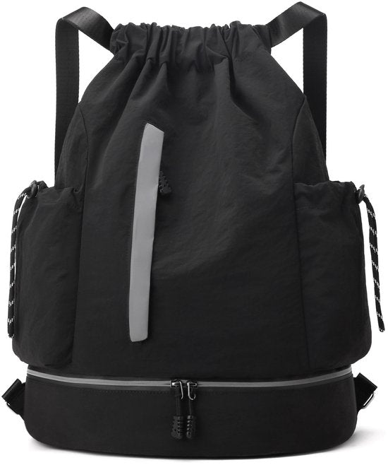 Drawstring Backpack - Waterproof Sports Bag - Lightweight Sports Backpack - With Shoe Compartment - Unisex - Suitable for Basketball, Football, Swimming and Travel - Black Unique
